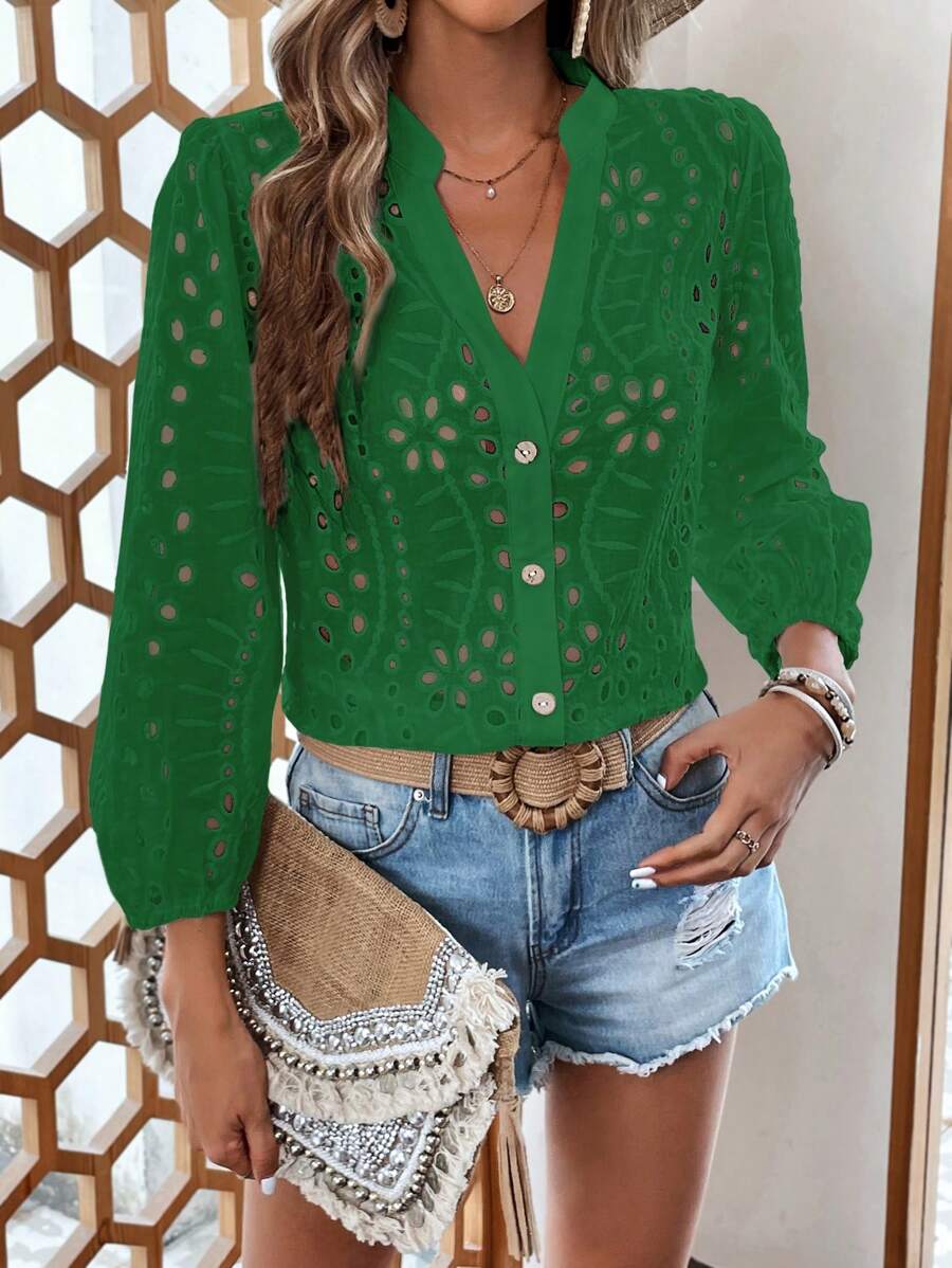 SHEIN VCAY Eyelet Embroidery Button Front Lantern Sleeve Blouse - Green - View 1