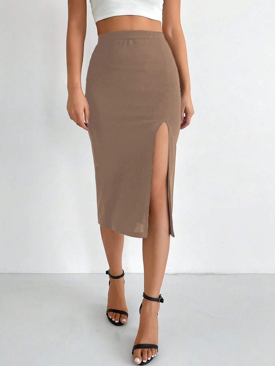 EURMUSE Solid Split Thigh Skirt - Apricot - View 1