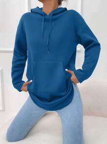 SHEIN Essnce 袋鼠口袋弧形下擺抽繩連帽衫 - 藍色 - 查看 5