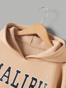 RueChic Teen Girl Letter Graphic Kangaroo Pocket Drop Shoulder Hoodie - Apricot - View 3