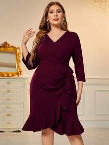 MIUSOL Plus Elegant V-Neck Ruffle Hem Wrap Hem Cocktail Party Fitted Dress Wedding Guest Dress - Burgundy - View 3