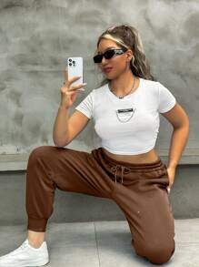 SHEIN EZwear Plus Drawstring Waist Sweatpants Graduation,Back To School Outfits,Graduation,Teacher Outfits For Women,Back To School - Coffee Brown - View 4