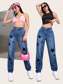 Star Print Carrot Jeans - Blue - View 6