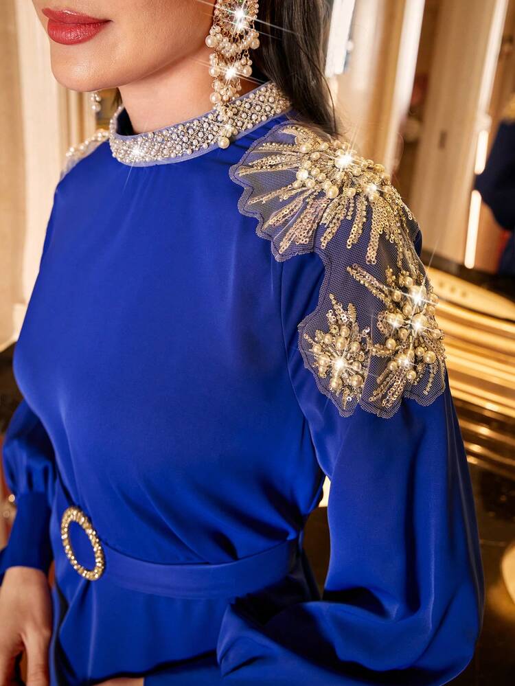 Beaded Detail Mock Neck Belted Dress