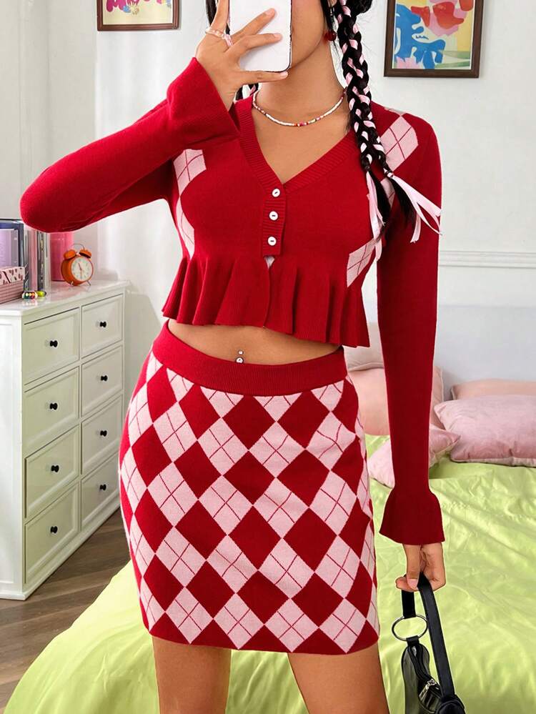 Argyle Pattern Ruffle Hem Cardigan & Knit Skirt