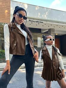 SHEIN 女大童1入組前拉鍊PU皮革夾克背心 - 棕色 - 查看 5