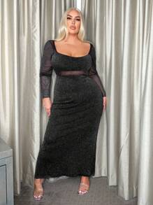 SHEIN X GiudiceGirls Plus Contrast Mesh Mermaid Hem Glitter Dress - Black - View 4