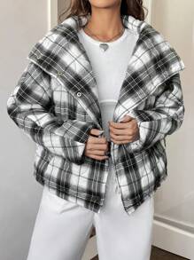 SHEIN EZwear 格子印花女式冬季保暖棉服 - 黑與白 - 查看 6