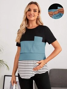SHEIN Maternity Striped Print Colorblock Patched Pocket Nursing Detail Tee - Blue - View 1