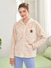 SHEIN EZwear 星星刺繡抽繩連帽絨毛外套 - 卡其色 - 查看 7