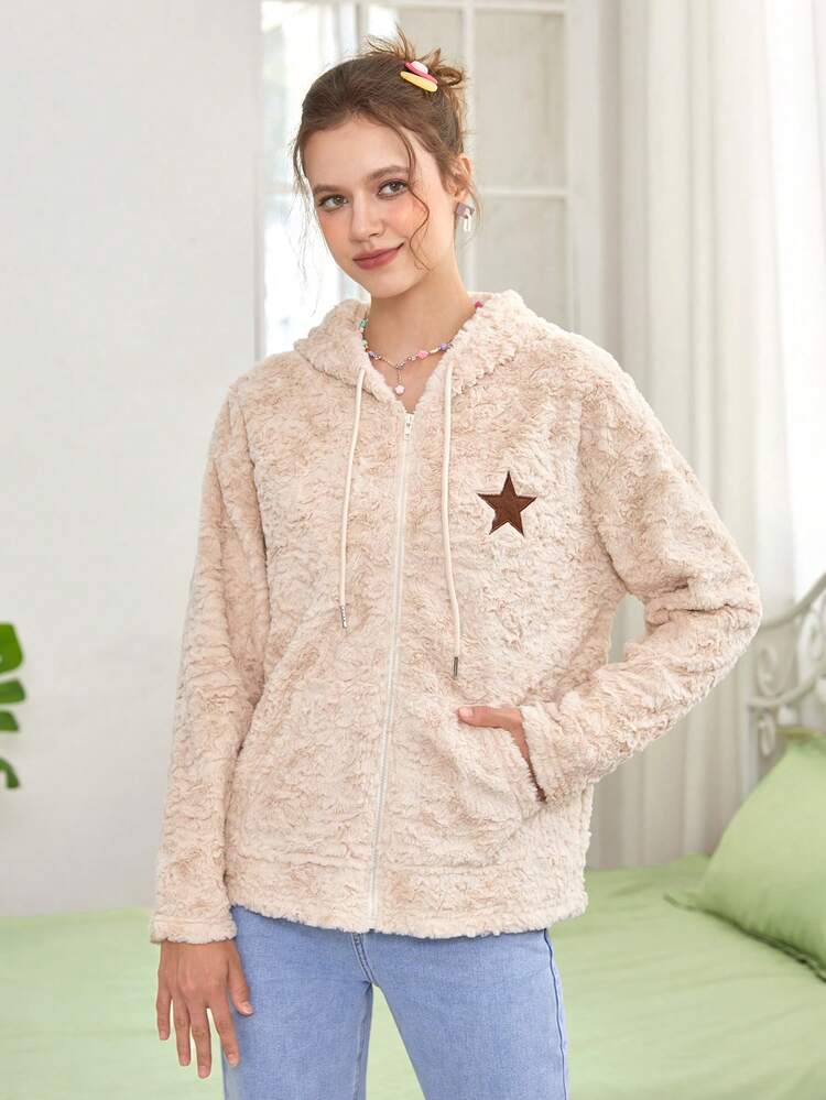Star Embroidery Drawstring Hooded Teddy Coat