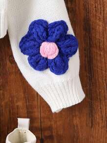 SHEIN 女小童花卉圖案補丁貼落肩袖開襟開衫 - 白色 - 查看 3