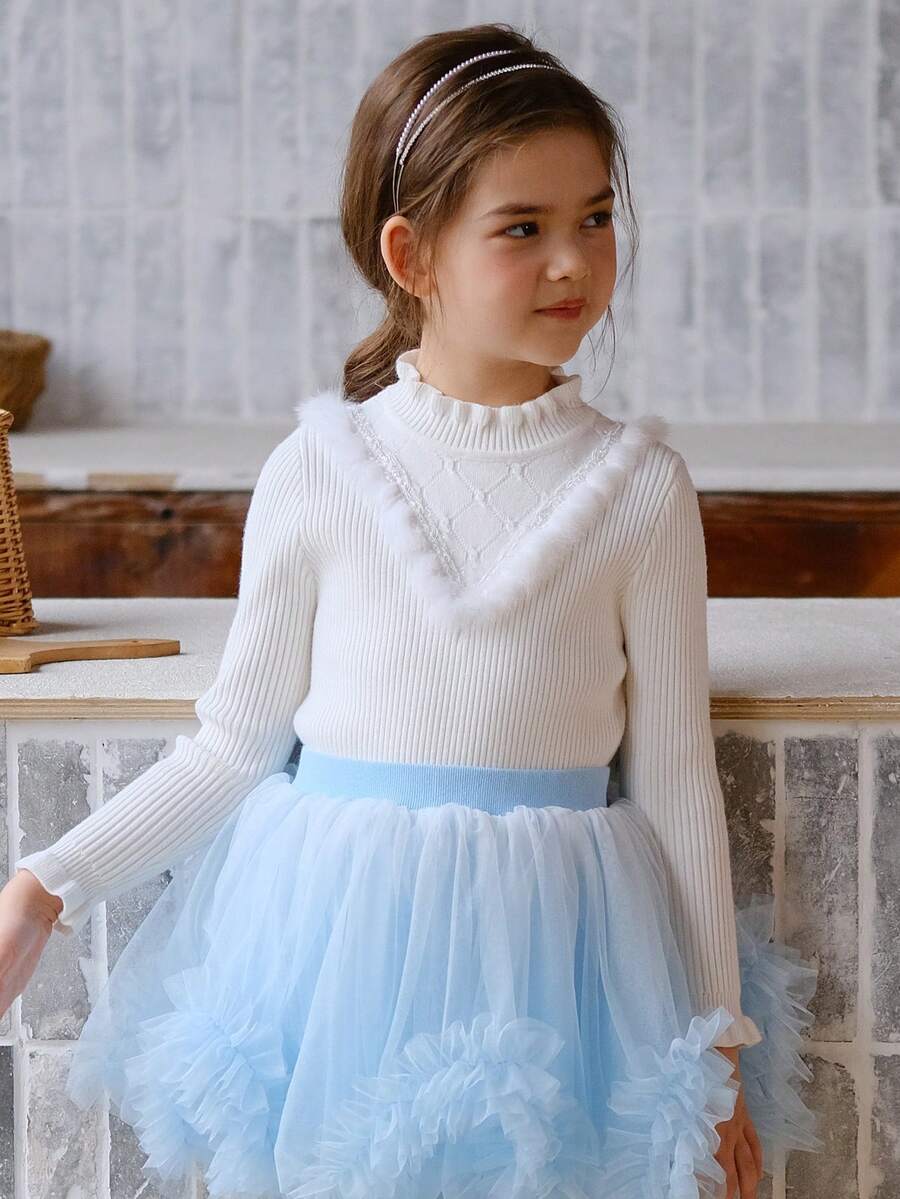 女小童褶邊小高領毛茸邊條紋針織套頭毛衣 - 白色 - 查看 1