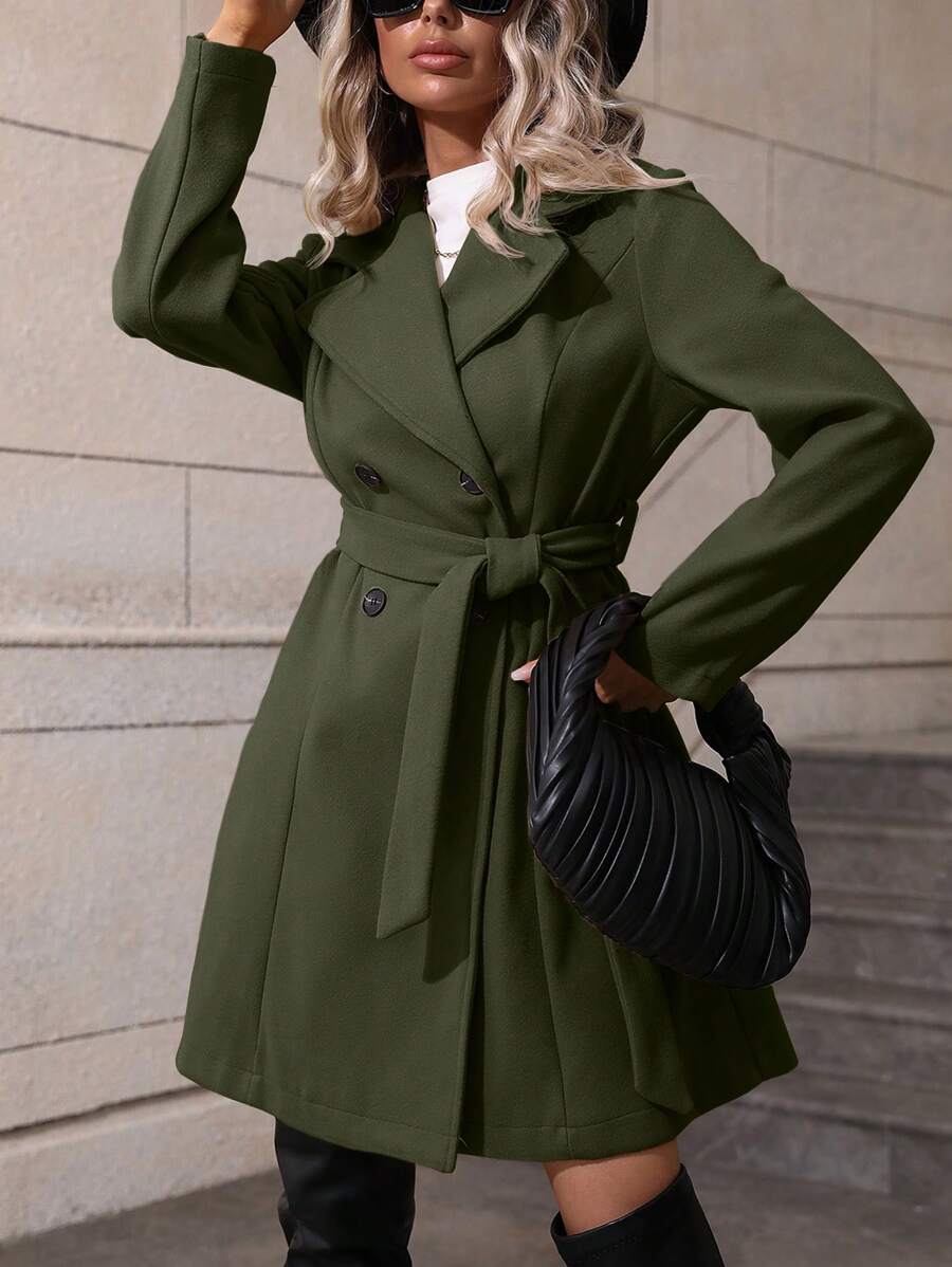 SHEIN Clasi 西裝領雙排釦腰帶花呢外套 - 軍綠色 - 查看 1