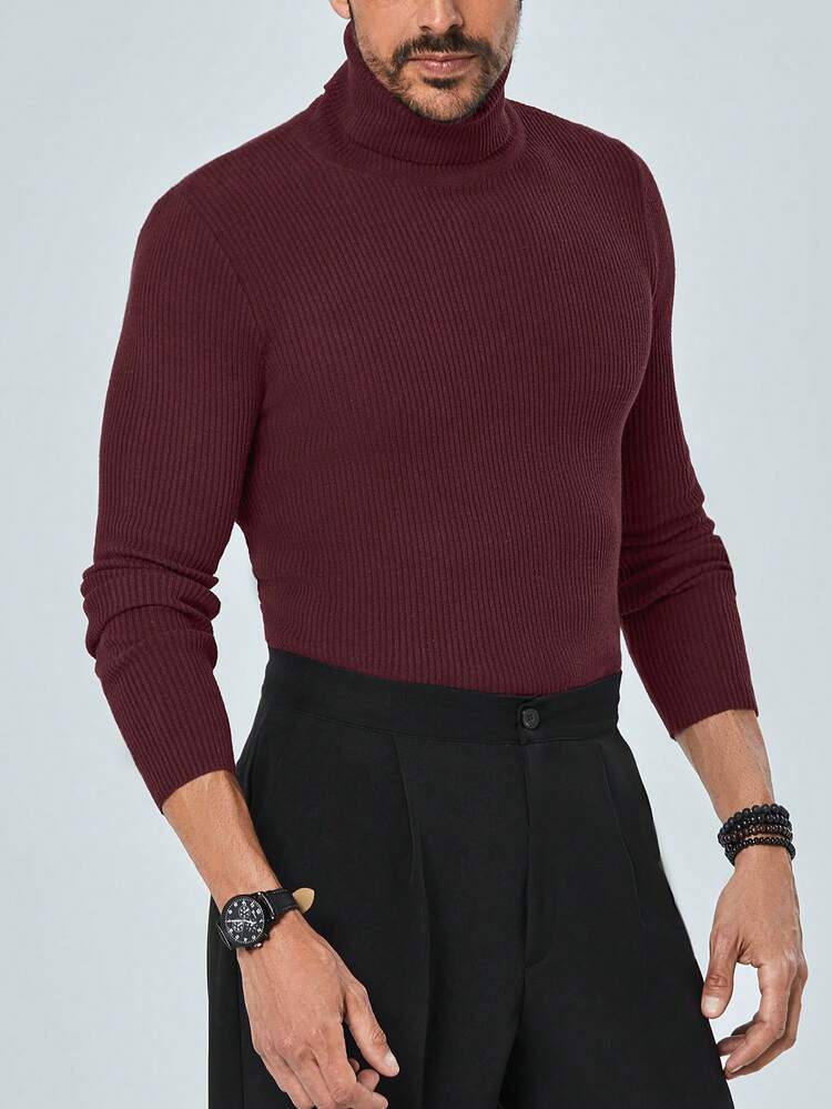 RueChic Men Solid Turtleneck Sweater - Burgundy - View 4