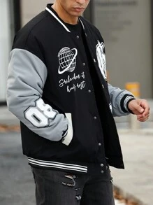 Manfinity Roughcore Men's Text Print Color-Blocked Oversized Baseball Padded Coat - Black - View 6