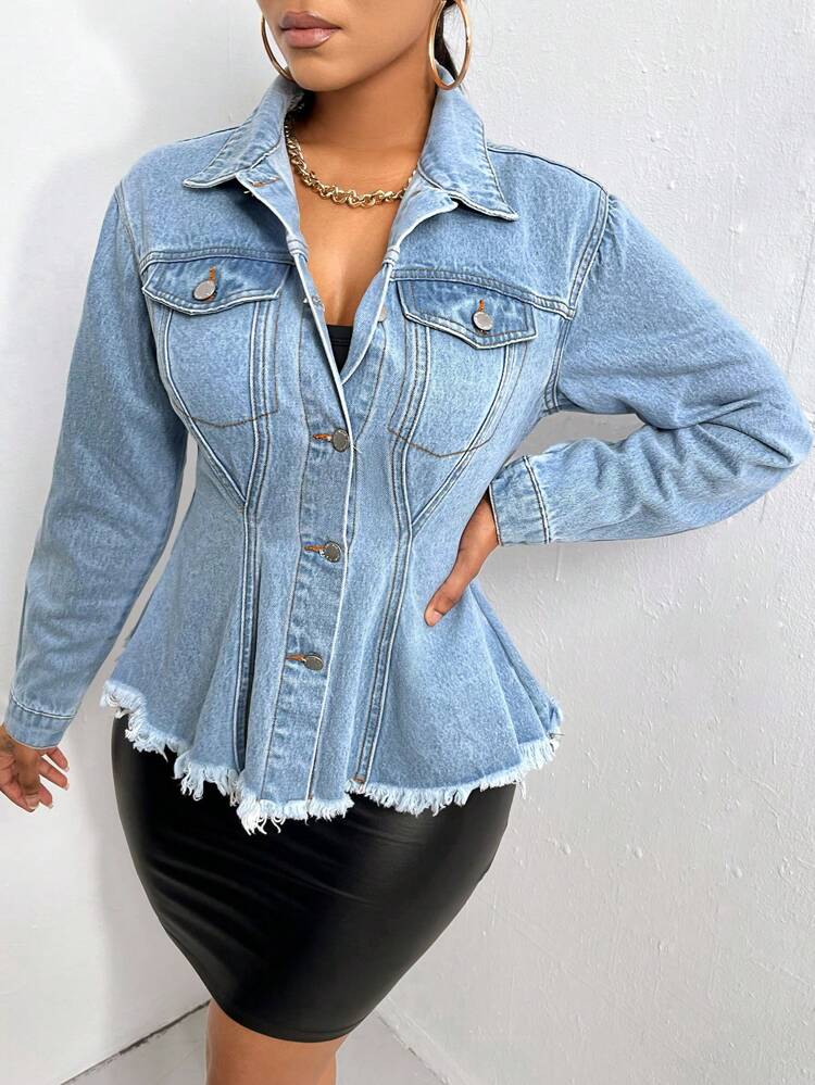 Flap Pocket Raw Hem Denim Jacket
