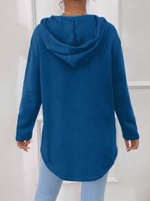 SHEIN Essnce 袋鼠口袋弧形下擺抽繩連帽衫 - 藍色 - 查看 2