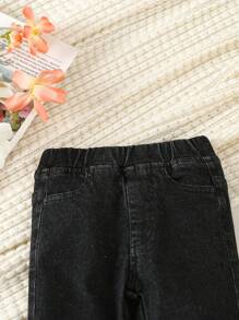 Baby Girl Star Patched Straight Leg Jeans - Black - View 3