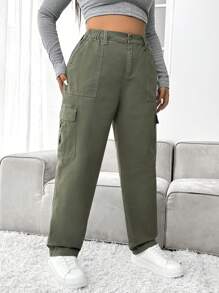 SHEIN EZwear Hơn Túi nắp bên cạnh Quần jean chở hàng - xanh quân đội - Xem 5