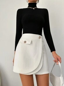 EURMUSE Button Flap Detail Wrap Skirt - White - View 5