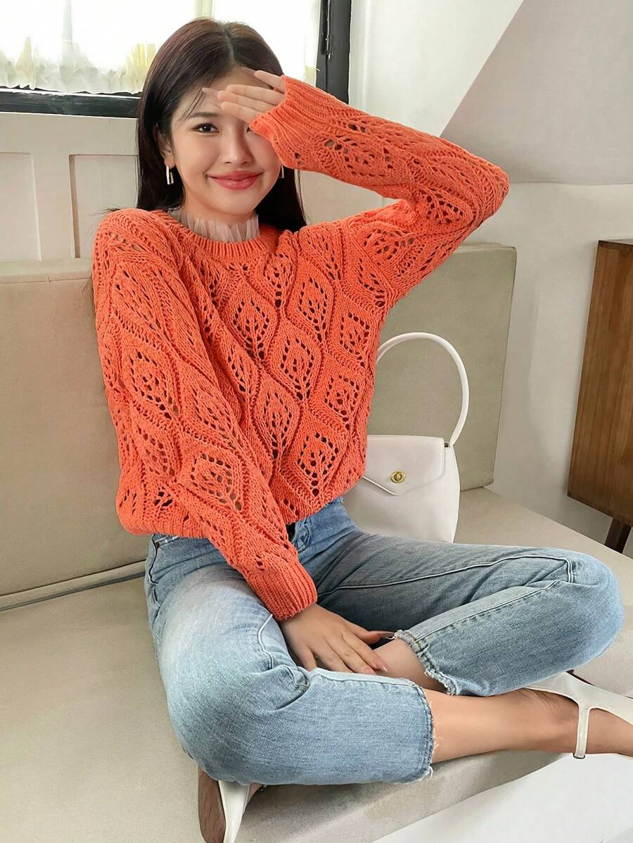 SHEIN Unity Áo len chui đầu dáng suông, chất liệu dệt kim Pointelle, màu trơn, thích hợp cho mùa thu đông. - trái cam - Xem 1