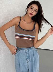 Dazy Star Striped Pattern Cami Knit Top Without Blouse,Fall Clothes - Brown - View 3