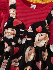 Bebé niña Vestido 2 en 1 con estampado de dibujos animados ribete con fruncido con lazo delantero con banda cabeza - Multicolor - Ver 4