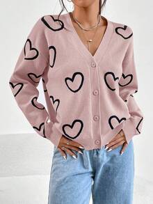 SHEIN Frenchy Heart Pattern Drop Shoulder Cardigan - Pink - View 3