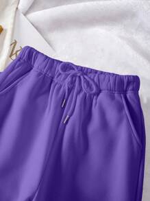 SHEIN EZwear 素色腰部抽繩衛褲 - 紫色 - 查看 5
