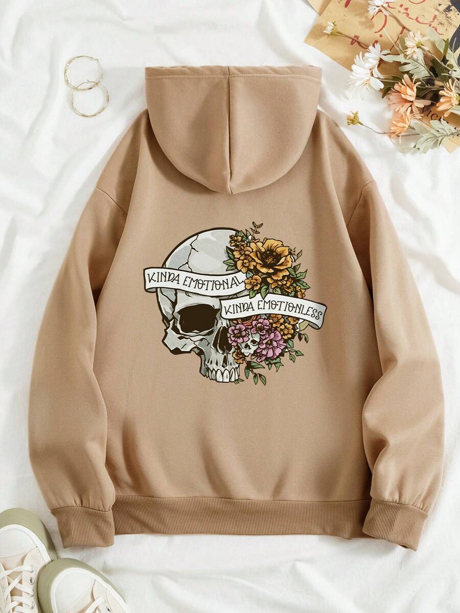 SHEIN Unity 骷髏和花卉印花抽繩加絨內裏連帽衫 - 卡其色 - 查看 1