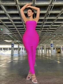 SHEIN SXY 2pcs Strapless Top & Slim Fit Leggings Set  Women Co-Ords Birthday Outfit Spring Women Clothes Prom Dress Valentine Day Dress Date Night Dress Bachelorette Party Sexy Outfits Club - Hot Pink - View 1