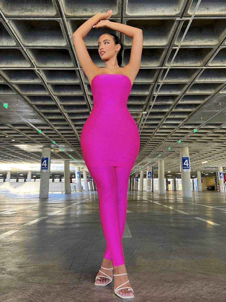 2pcs Strapless Top & Slim Fit Leggings Set  Women Co-Ords Birthday Outfit Spring Women Clothes Prom Dress Valentine Day Dress Date Night Dress Bachelorette Party Sexy Outfits Club