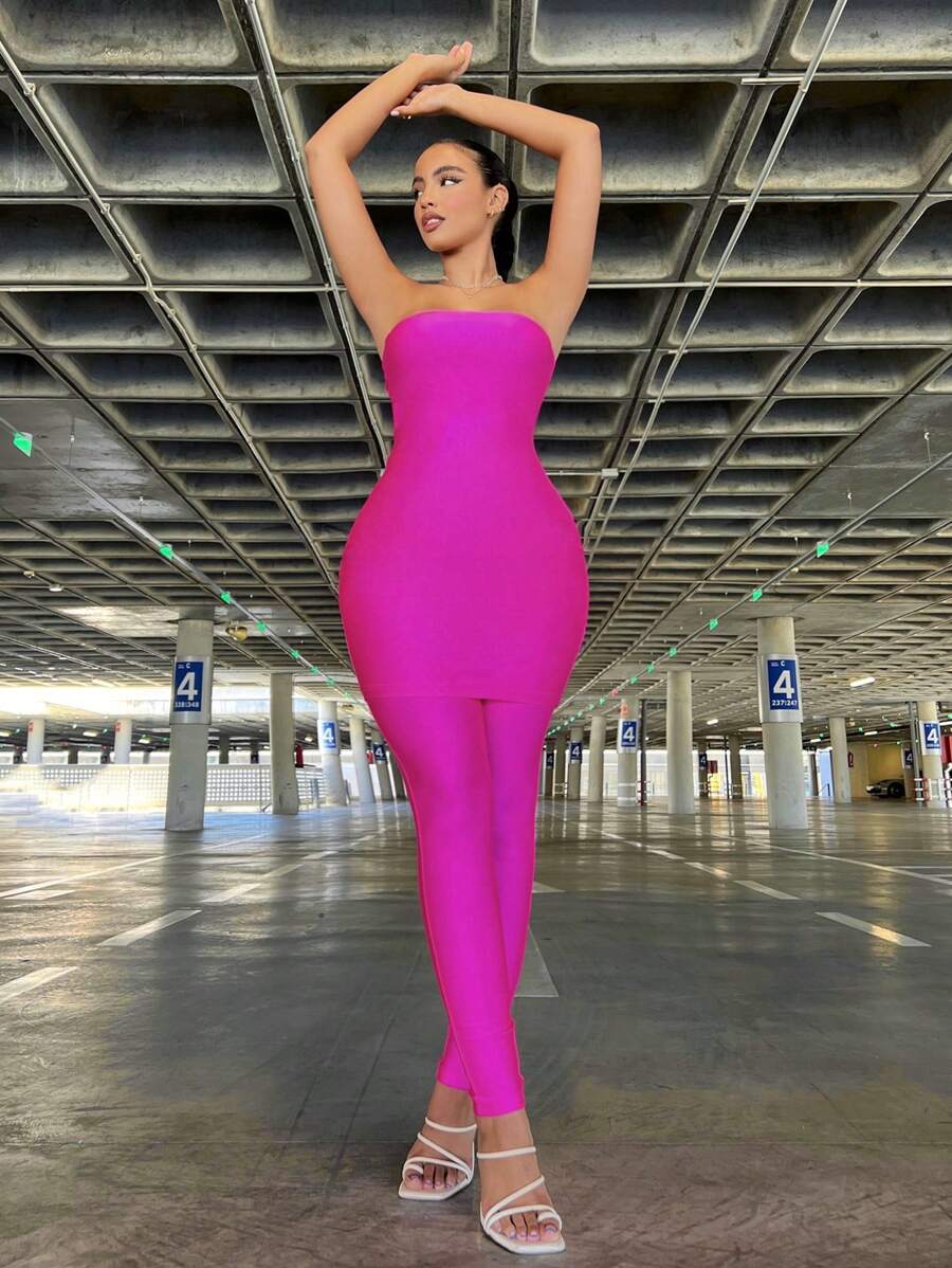 SHEIN SXY 2pcs Strapless Top & Slim Fit Leggings Set  Women Co-Ords Birthday Outfit Spring Women Clothes Prom Dress Valentine Day Dress Date Night Dress Bachelorette Party Sexy Outfits Club - Hot Pink - View 1