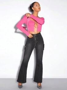 SHEIN BAE Flap Detail Flare Leg Jeans - Dark Grey - View 3