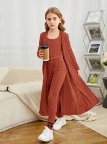 SHEIN Tween Girl 1pc Solid Tank Top & 1pc Open Front Coat & 1pc Pants - Rust Brown - View 3