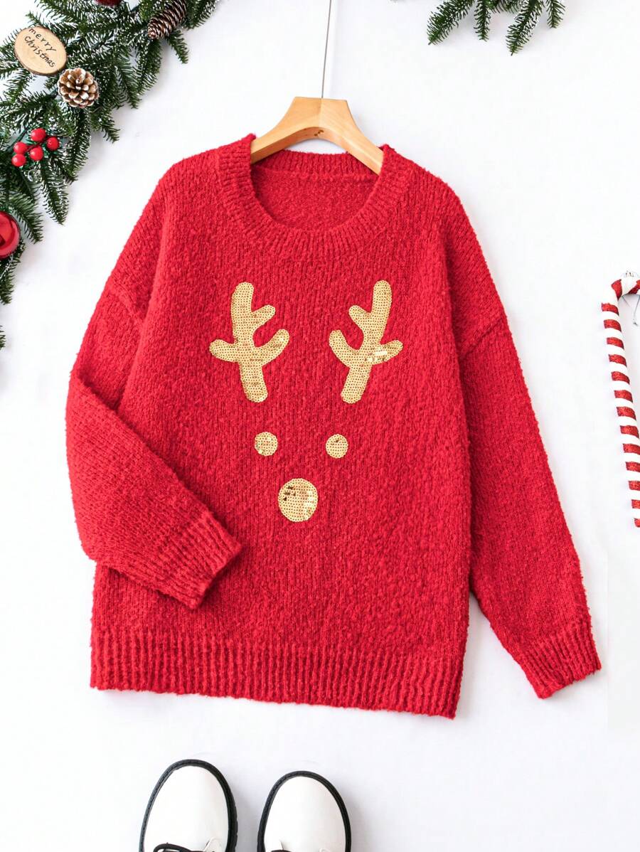 SHEIN LUNE Plus Christmas Elk Sequin Drop Shoulder Sweater - Red - View 1