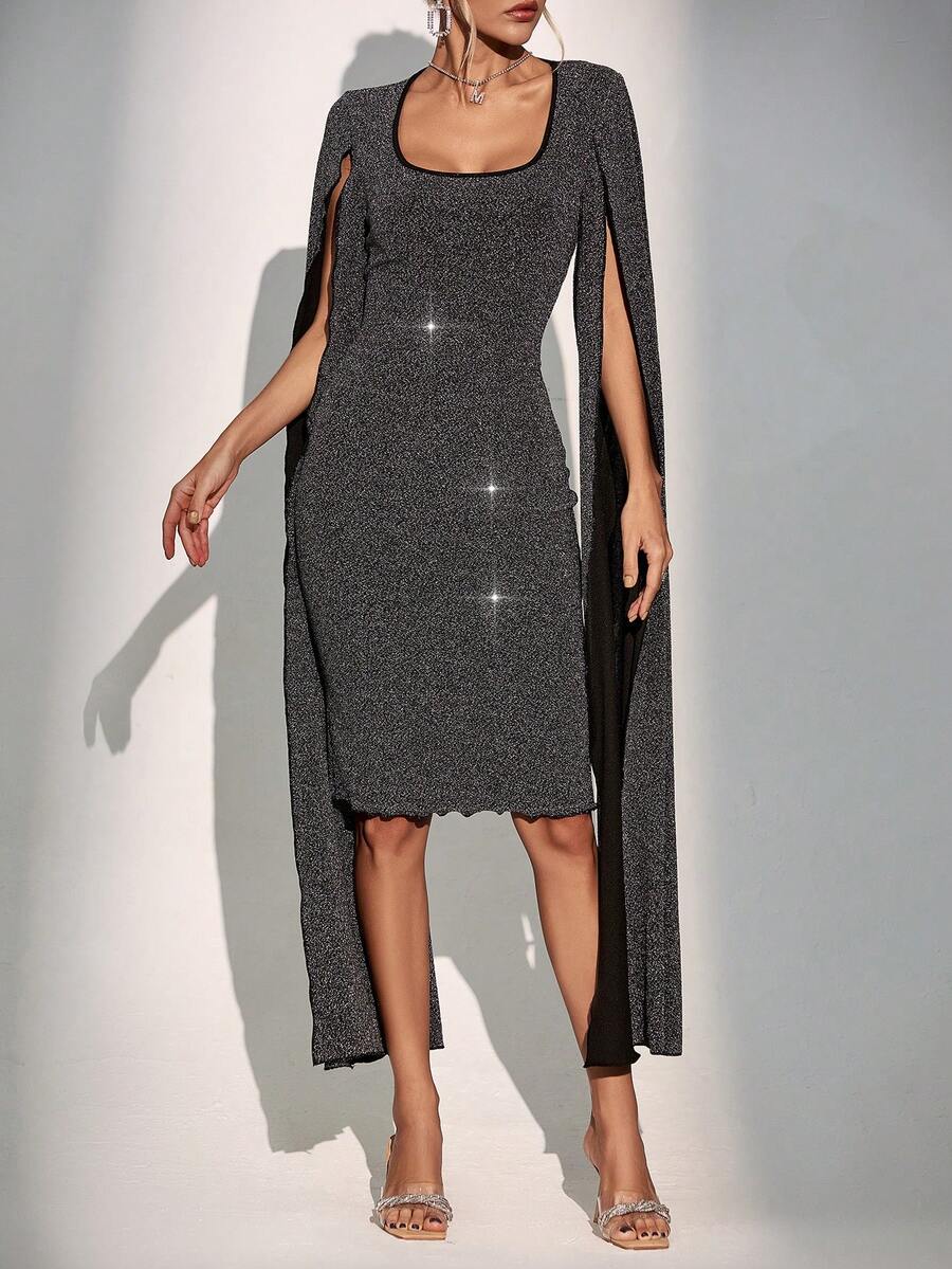 SHEIN Privé áo tay cánh Long lanh Váy bodycon - Xám - Xem 1