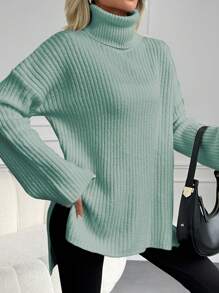 EURMUSE Turtleneck Drop Shoulder Split Hem Sweater - Mint Green - View 3