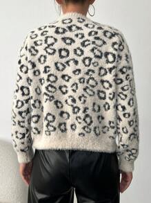 豹紋圖案絨毛針織開襟衫 - 棕色 - 查看 2