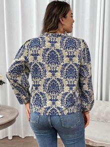 SHEIN Franclia Plus Allover Print Lantern Sleeve Blouse Women Shirt - Navy Blue - View 2