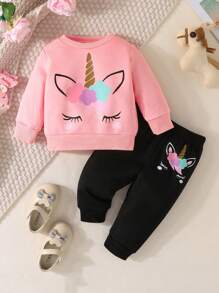 女嬰獨角獸印花衛衣和衛褲 - 粉色 - 查看 1