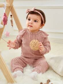 SHEIN 女嬰荷葉邊T恤和褲子＆ 頭巾 - 粉色 - 查看 13