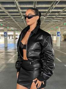 SHEIN SXY 拉链短款 PU 皮革填充大衣派对 - 黑色 - 查看 4