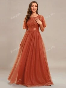 Flutter Sleeve Floral Sequin Dress Mesh Prom Formal Dress For Dinner Elegant Evening Dress Bridesmaid Dress For Wedding