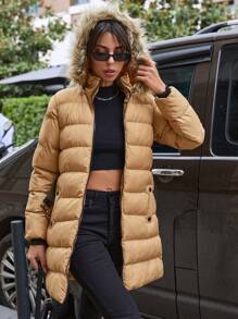 SHEIN Cottnline Gelber, Langer, Wattierter Damenmantel Mit Reißverschluss - Kamelfarben - Übersicht 5