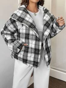 SHEIN EZwear 格子印花女式冬季保暖棉服 - 黑與白 - 查看 1