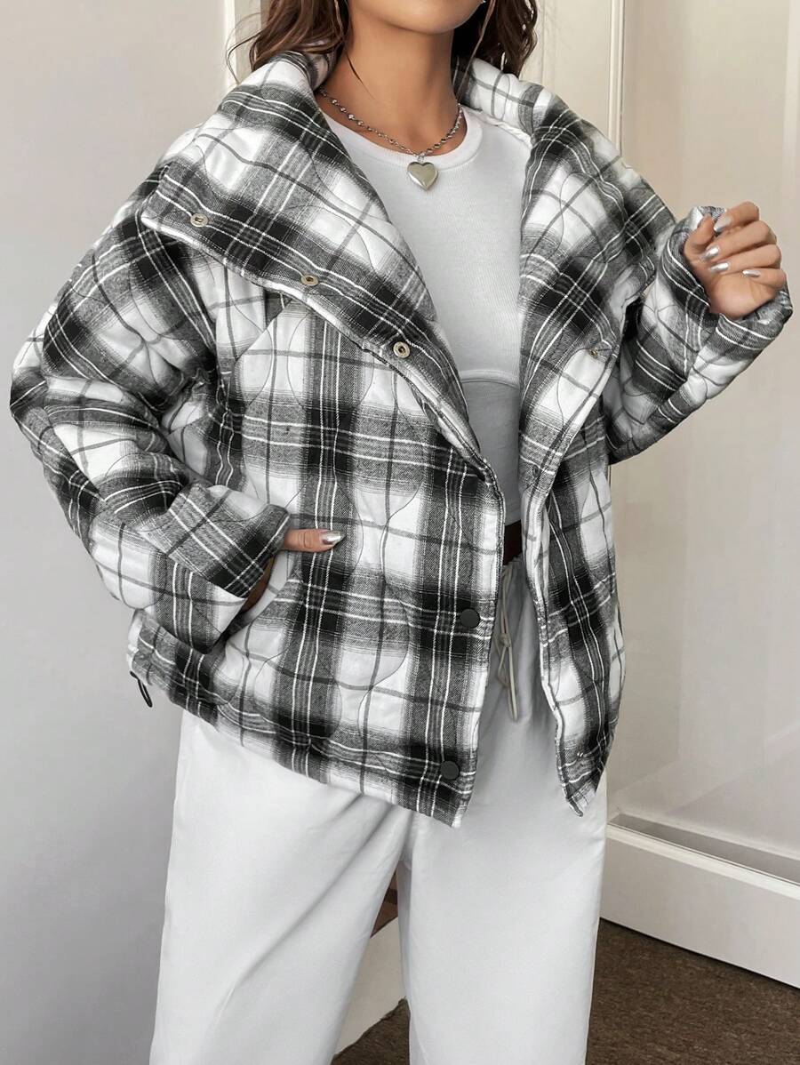 SHEIN EZwear 格子印花女式冬季保暖棉服 - 黑與白 - 查看 1