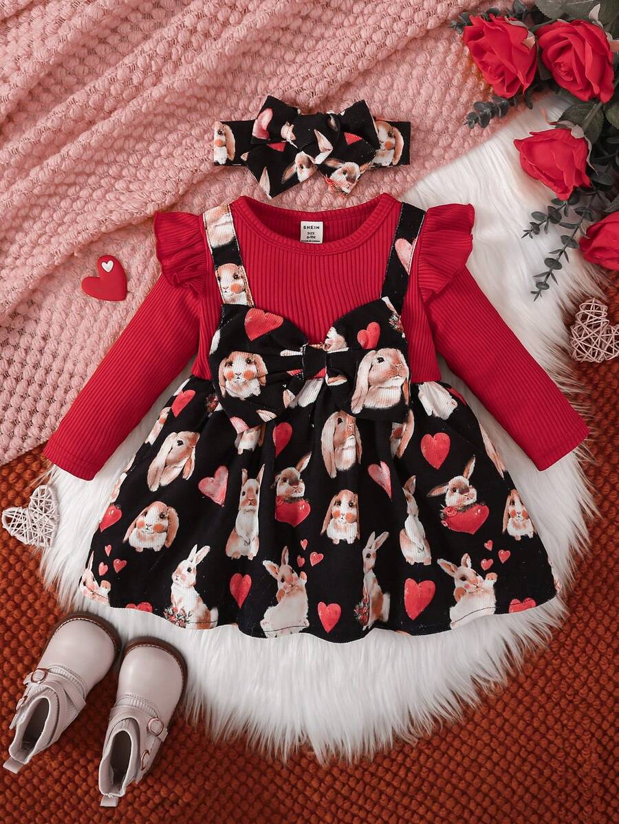 Bebé niña Vestido 2 en 1 con estampado de dibujos animados ribete con fruncido con lazo delantero con banda cabeza - Multicolor - Ver 1