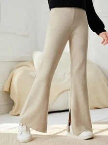 SHEIN Tween Girl Split Hem Flare Leg Sweater Pants - Apricot - View 1